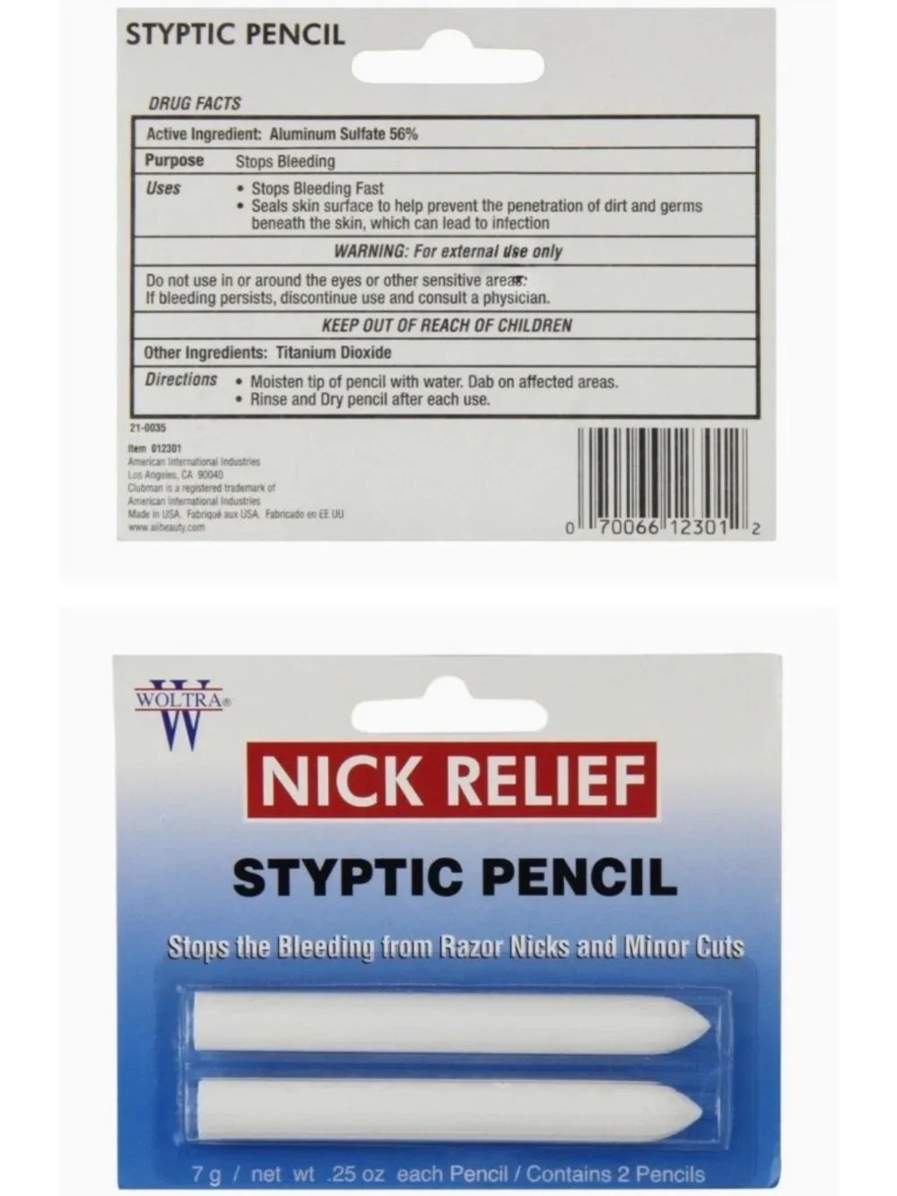 Woltra Nick Relief Styptic Pencil Twin Pack Stops Razor Nicks & Cuts